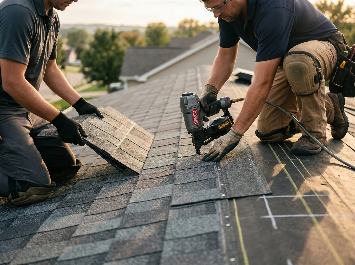 Professional roofer working on a residential roof in Port Isabel